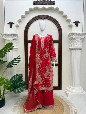 Red embroidered straight kurta palazzo set with dupatta 4
