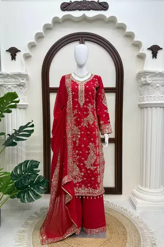 Red embroidered straight kurta palazzo set with dupatta