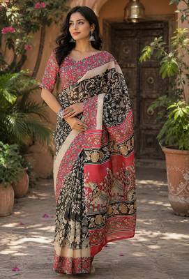 Women linen black kalamkari bollywood saree 1