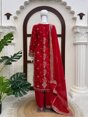 Red embroidered straight kurta palazzo set with dupatta 5