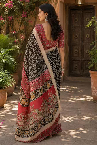 Women linen black kalamkari bollywood saree