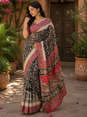 Women linen black kalamkari bollywood saree 4