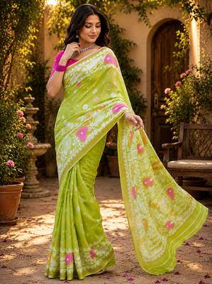 Women linen light green bandhani bollywood saree 4