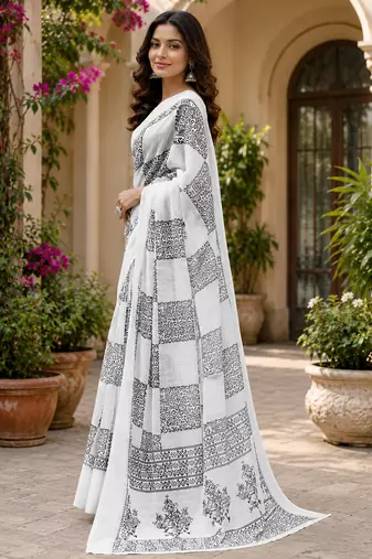 Women linen white & black checkered block bollywood saree
