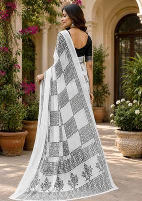 Women linen white & black checkered block bollywood saree 3