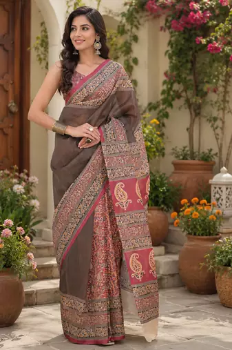Women linen chocolate brown plain bollywood saree