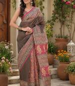 Women linen chocolate brown plain bollywood saree