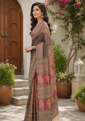 Women linen chocolate brown plain bollywood saree 2