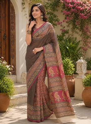 Women linen chocolate brown plain bollywood saree 4