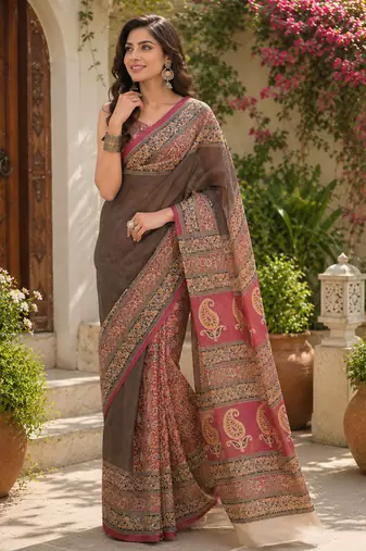 Women linen chocolate brown plain bollywood saree