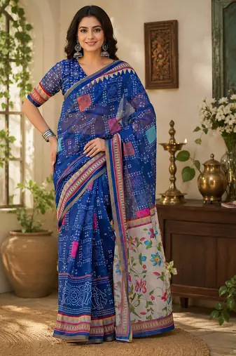 Women linen royal blue bandhani bollywood saree
