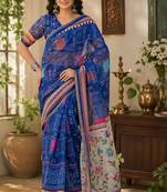 Women linen royal blue bandhani bollywood saree