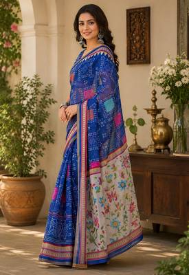 Women linen royal blue bandhani bollywood saree 2