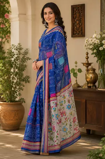 Women linen royal blue bandhani bollywood saree