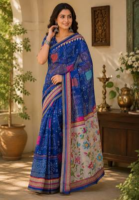 Women linen royal blue bandhani bollywood saree 4
