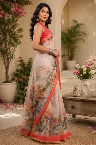 Women linen ivory abstract floral bollywood saree