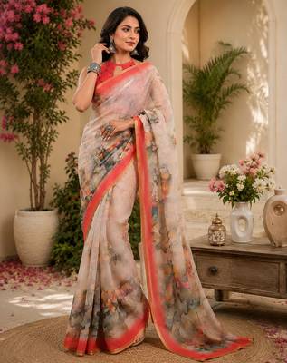 Women linen ivory abstract floral bollywood saree 4