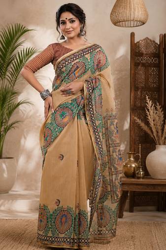 Women linen beige madhubani bollywood saree