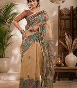 Women linen beige madhubani bollywood saree