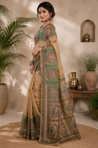 Women linen beige madhubani bollywood saree