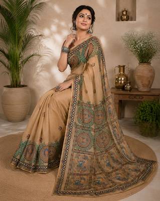 Women linen beige madhubani bollywood saree 4
