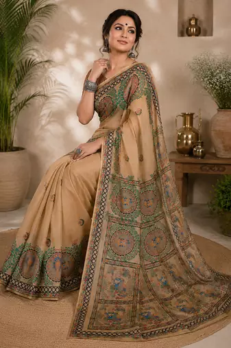 Women linen beige madhubani bollywood saree