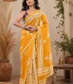 Women linen mustard yellow geometric chevron/leaf bollywood saree