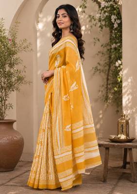 Women linen mustard yellow geometric chevron/leaf bollywood saree 2