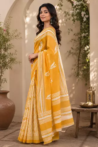 Women linen mustard yellow geometric chevron/leaf bollywood saree