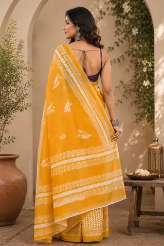 Women linen mustard yellow geometric chevron/leaf bollywood saree