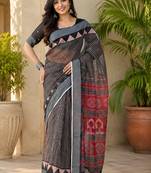 Women linen black striped & floral bollywood saree