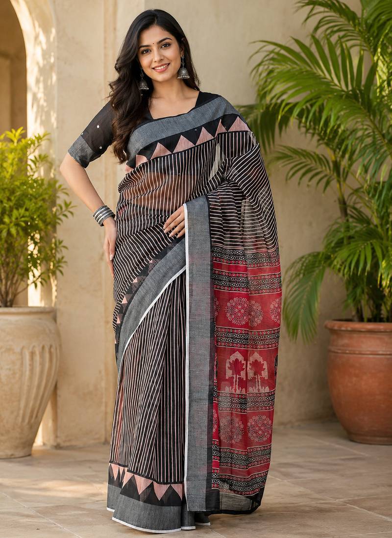 Women linen black striped & floral bollywood saree