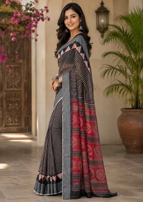 Women linen black striped & floral bollywood saree 2
