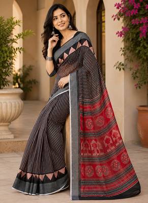 Women linen black striped & floral bollywood saree 4