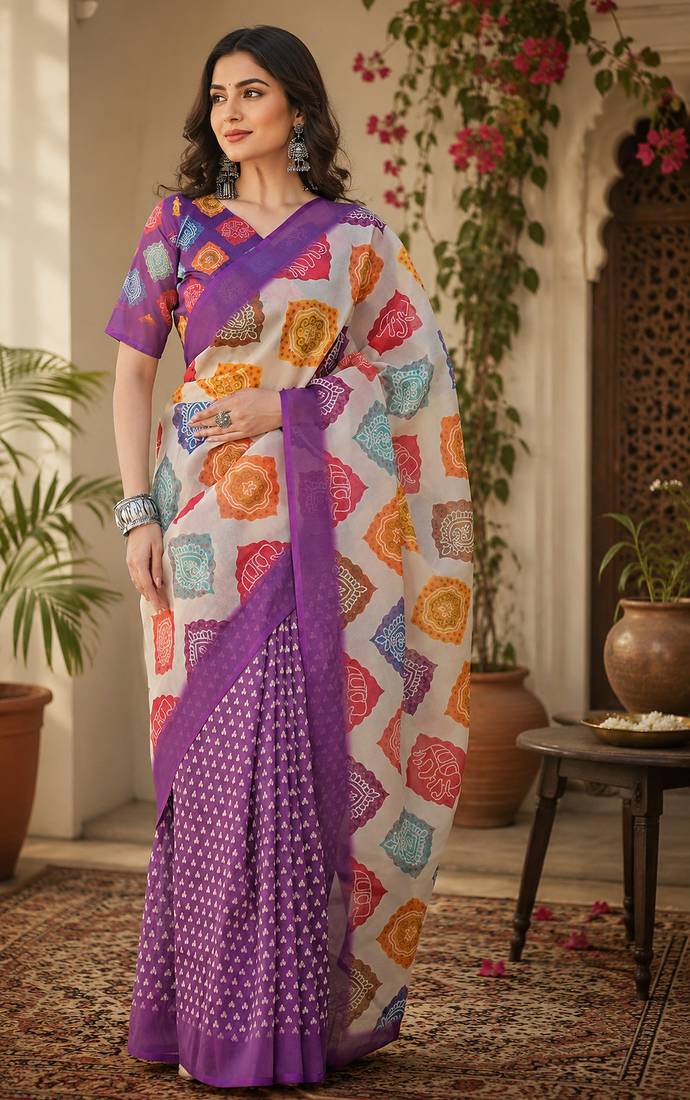 Women linen cream & purple geomatric block bollywood saree