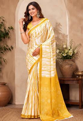 Women linen white & yellow shibori striped bollywood saree 1