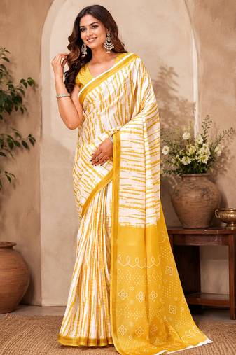 Women linen white & yellow shibori striped bollywood saree