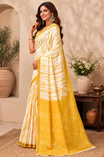 Women linen white & yellow shibori striped bollywood saree