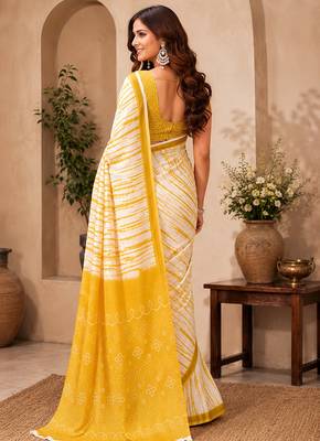 Women linen white & yellow shibori striped bollywood saree 3