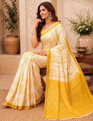 Women linen white & yellow shibori striped bollywood saree 4