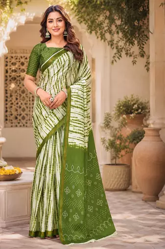 Women linen mehandi green & white leheriya bollywood saree