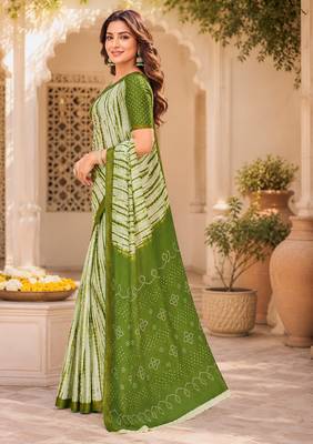 Women linen mehandi green & white leheriya bollywood saree 2