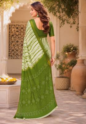 Women linen mehandi green & white leheriya bollywood saree 3