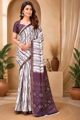 Women linen white & purple striped bollywood saree 1