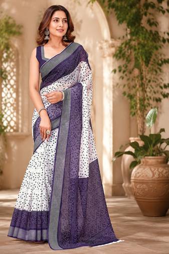 Women linen white & navy blue bandhani bollywood saree