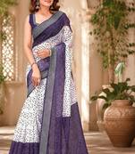 Women linen white & navy blue bandhani bollywood saree