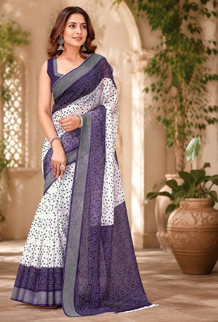 Women linen white & navy blue bandhani bollywood saree