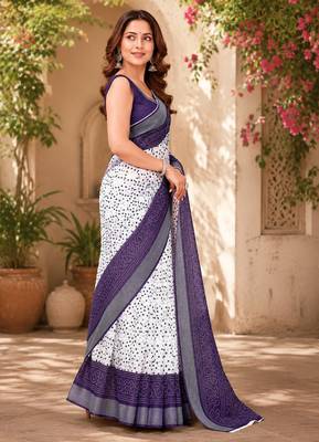 Women linen white & navy blue bandhani bollywood saree 2