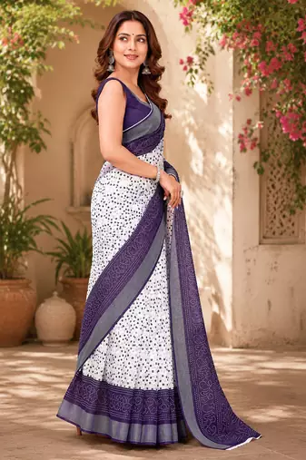 Women linen white & navy blue bandhani bollywood saree