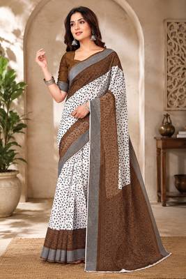 Women linen white & brown bandhani bollywood saree 1